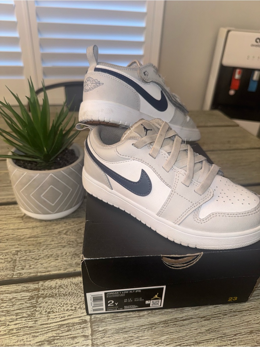 Air Jordan 1 Low Alt Kids White/Gray/ Navy Low-Top Sneakers, Sz 2